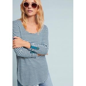 ANTHROPOLOGIE Sylvie Pointelle Top Striped Blue White oversized XS knit pullover